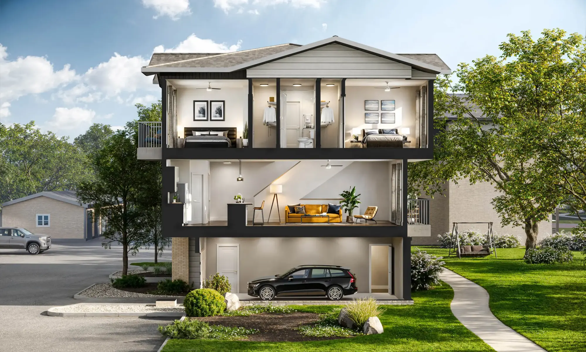 Modern Three-Story House Design Side view of a modern, three-story house showcasing interior rooms and a garden area with a parked car.