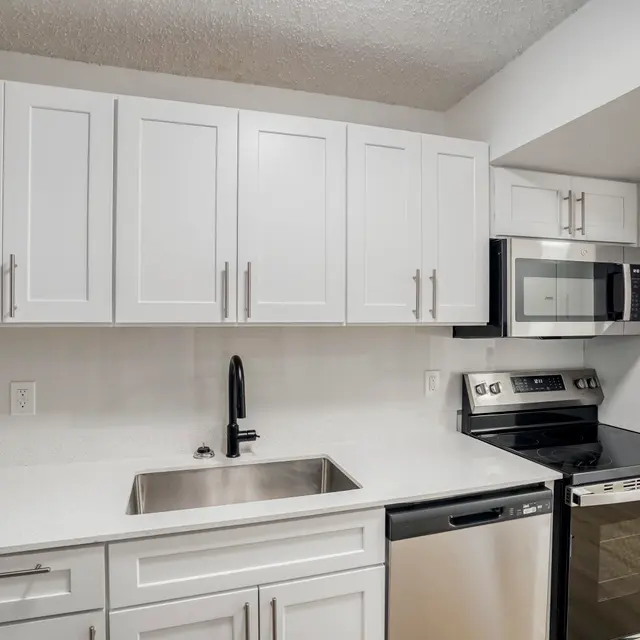Stylish Modern Kitchen A modern kitchen featuring white cabinets, stainless steel appliances, and a clean countertop.