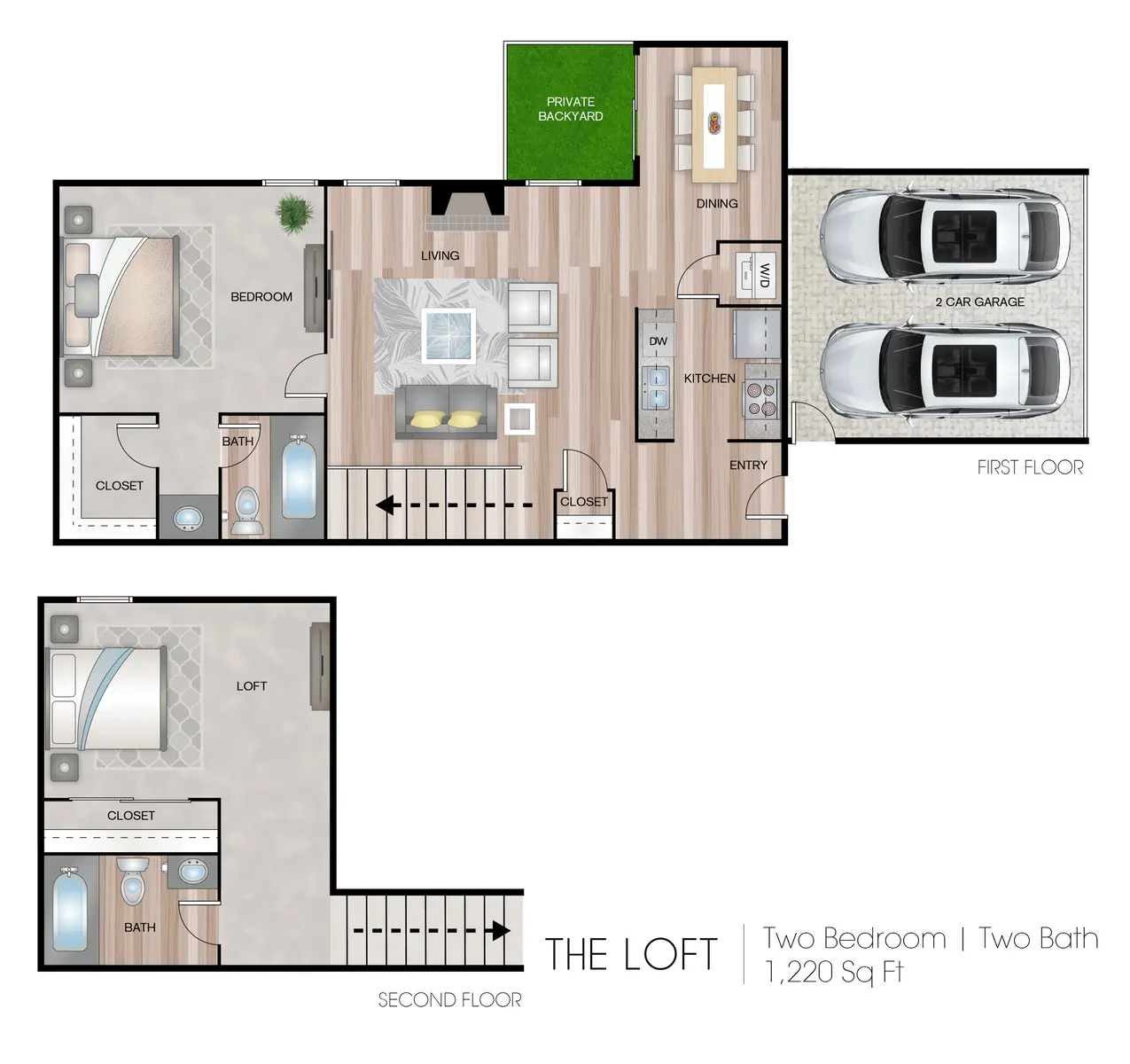 Floor plan of a two-bedroom loft layout with dimensions and room labels.