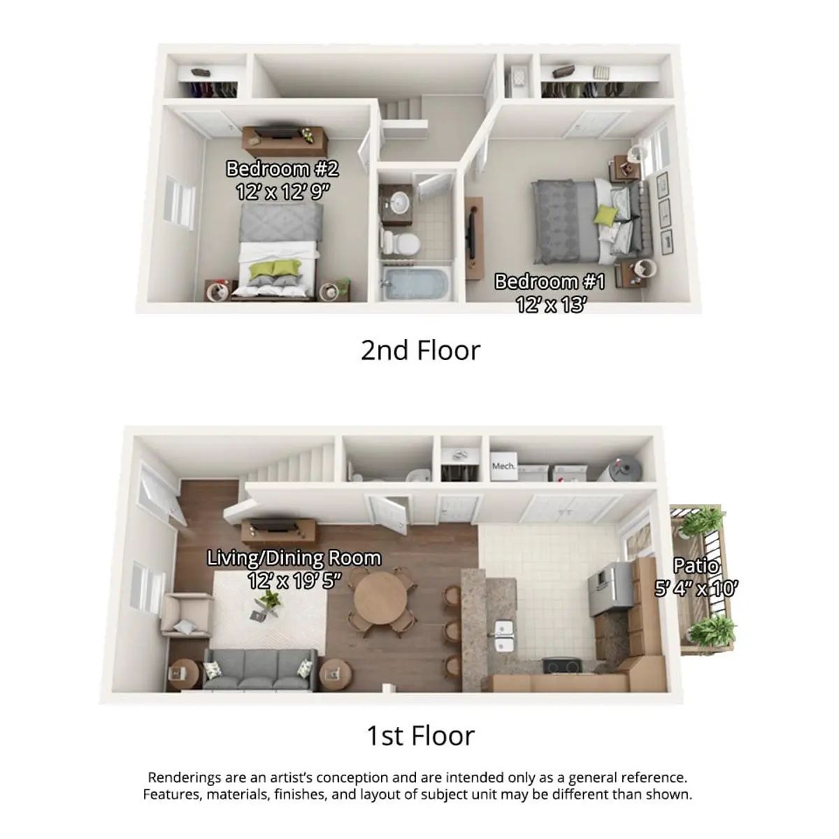 A labeled floor plan showing the layout of a two-story apartment. The second floor includes two bedrooms with respective dimensions. The first floor features a living/dining room and a patio.