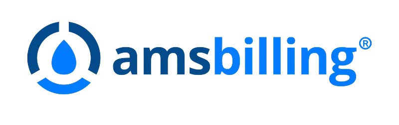 AMS Billing Logo Logo of AMS Billing featuring a circular design with a water droplet in the center and the text 'amsbilling' written in blue.