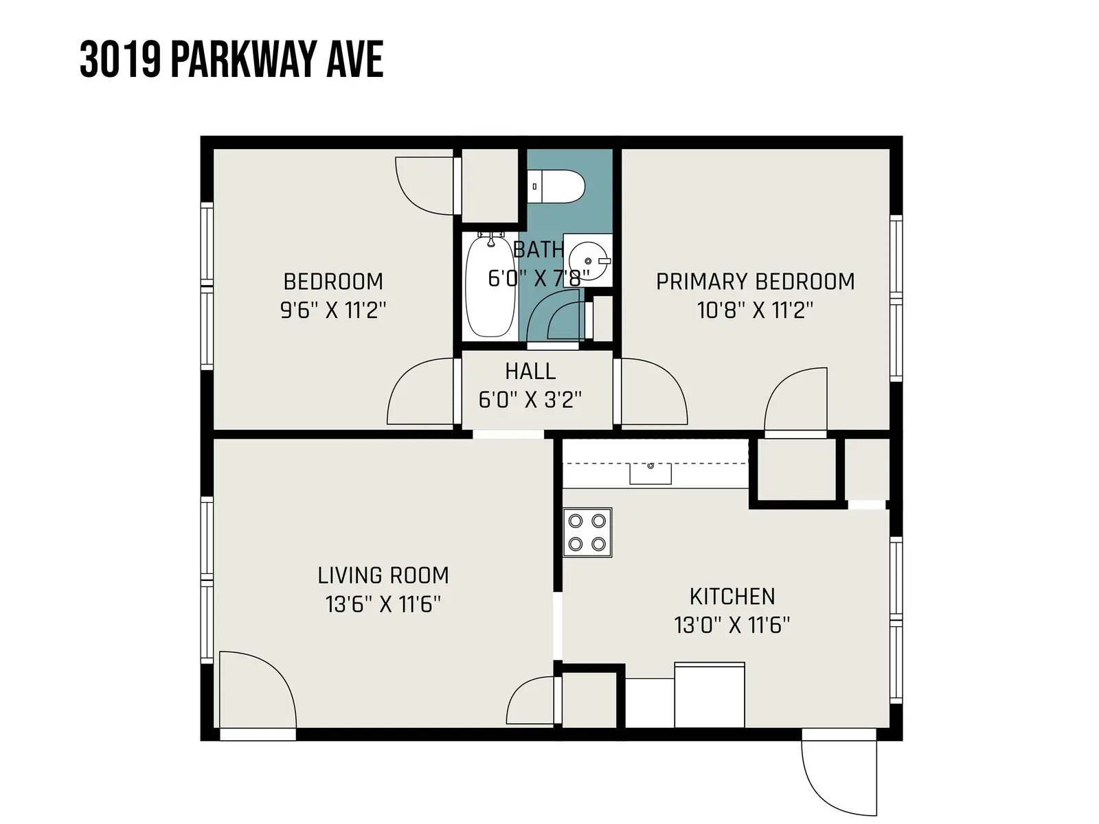 Floor Plan of 3019 Parkway Ave Floor plan of a residence with labeled rooms including two bedrooms, a primary bedroom, a living room, a kitchen, a bathroom, and a hall.