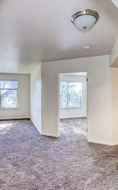 Interior view of a modern apartment featuring carpeted floor and large windows.