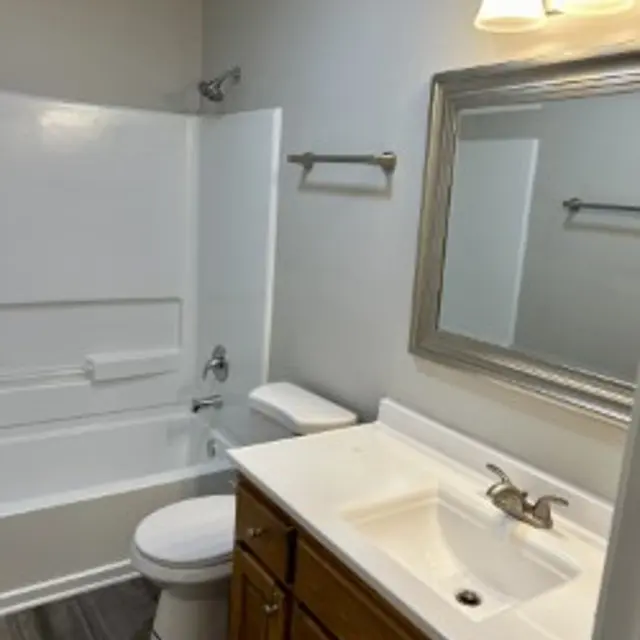 A well-lit bathroom featuring a white bathtub and shower, a simple sink with a mirror above it, and wooden cabinets below. The walls are painted in a light gray color, and modern light fixtures illuminate the space.