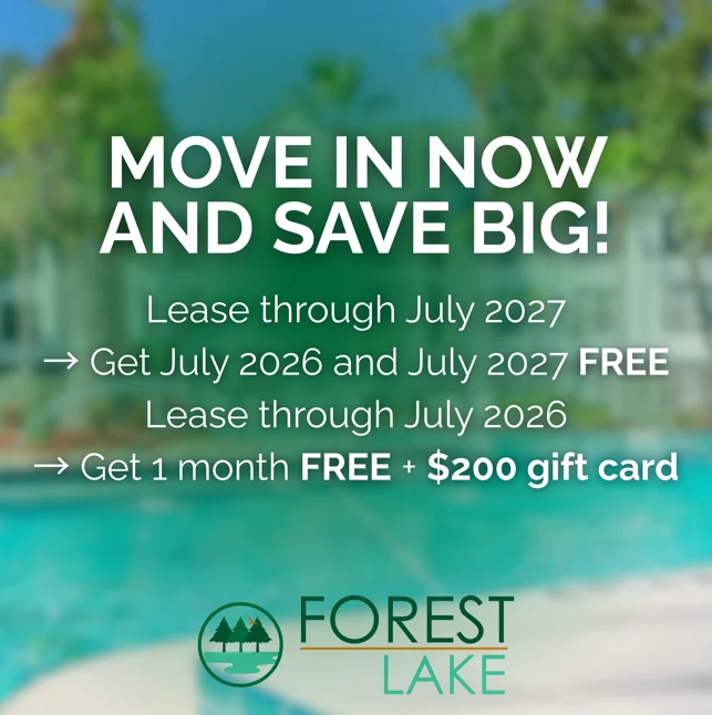 Promotional advertisement for Forest Lake offering savings on leases with details about free months and gift cards.