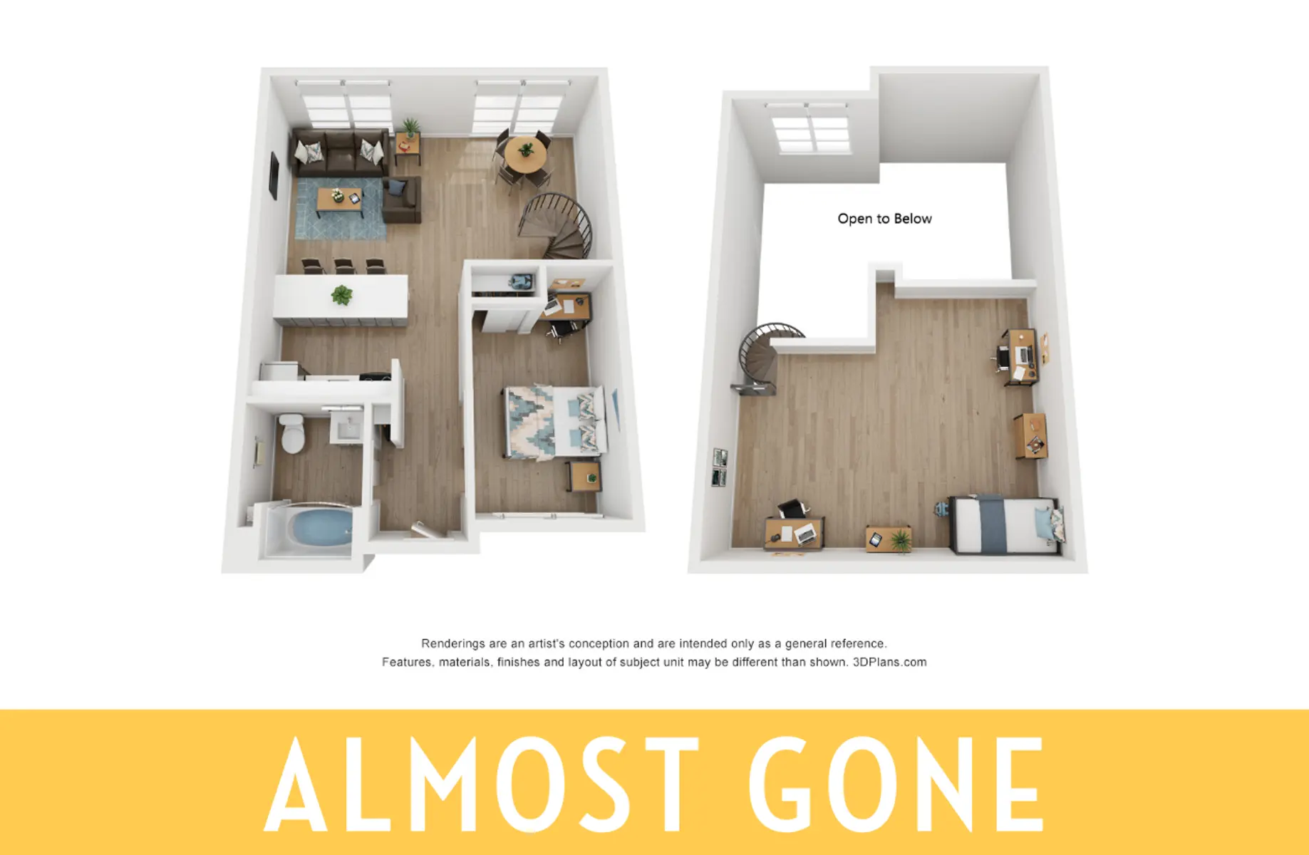 A 3D floor plan of an apartment, showcasing two levels. The left side features a living area, kitchen, and bathroom, while the right side shows a bedroom with an open space below.