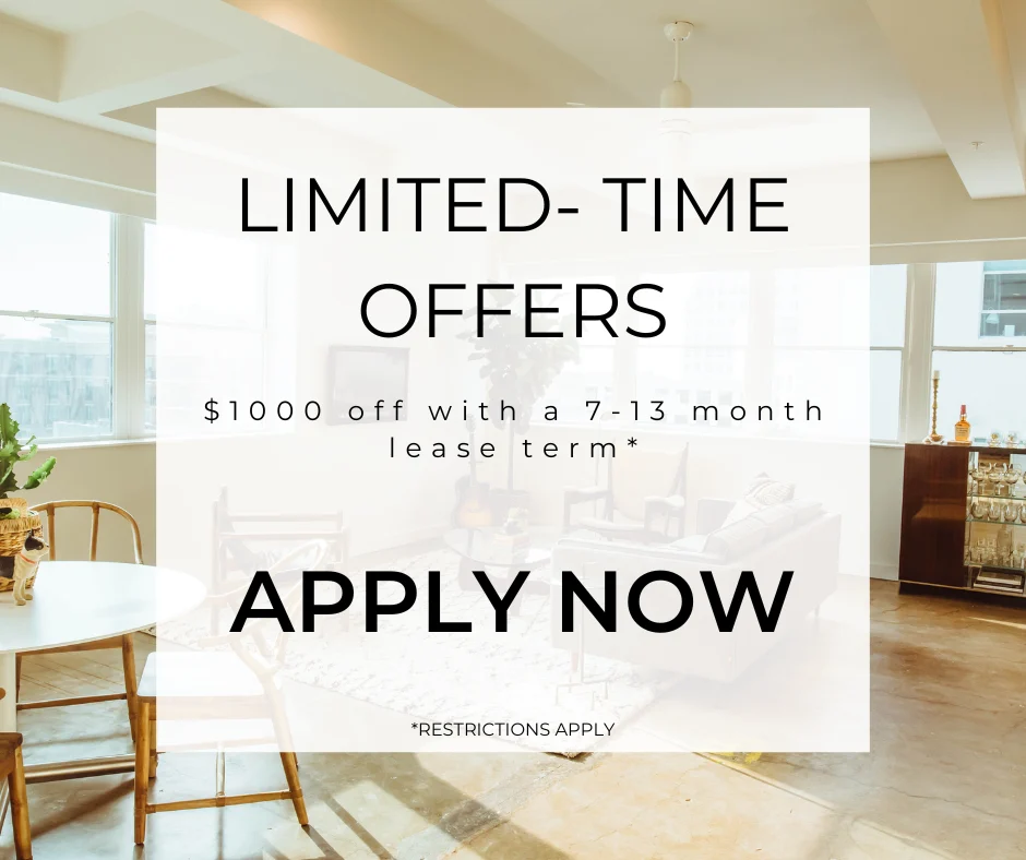 A bright and modern living space featuring a dining table and a large window with natural light. Overlaid text announces a promotional offer with the phrase 'LIMITED-TIME OFFERS', '$1000 off with a 7-13 month lease term', and 'APPLY NOW'.