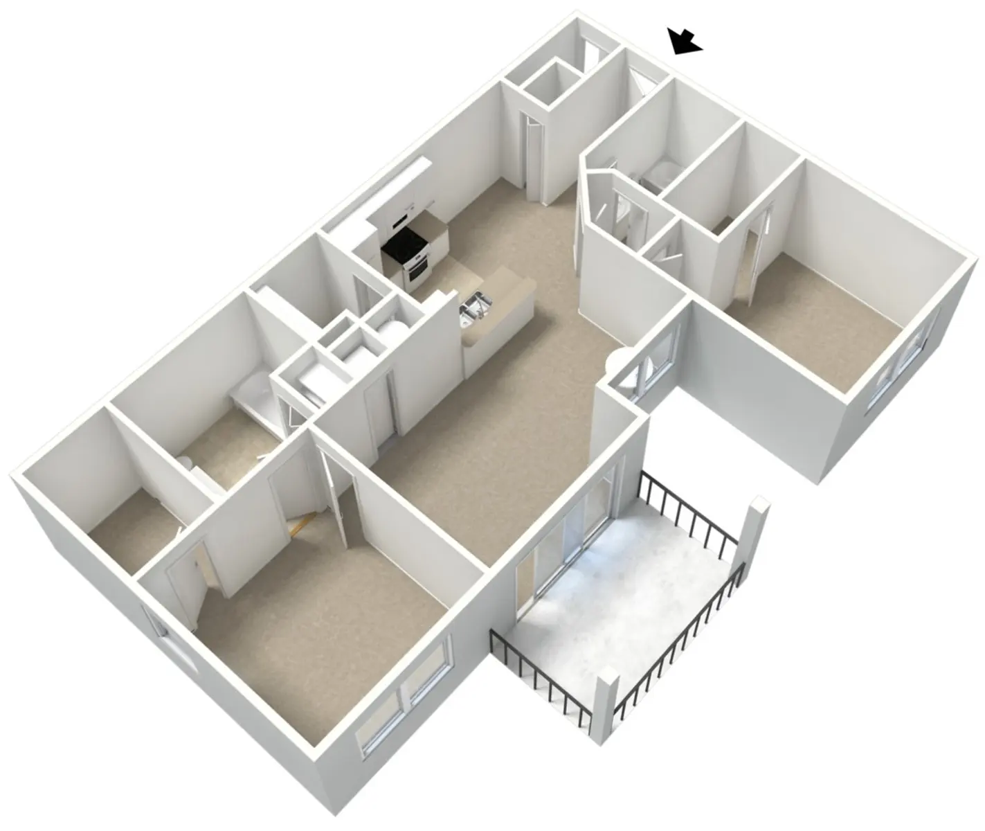 A 3D floor plan of a modern home layout showing various rooms including a kitchen, living area, and multiple bedrooms.