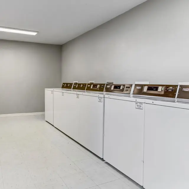 A clean, modern laundry room featuring several white washing machines and dryers against a light gray wall.