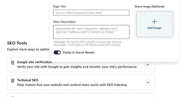 SEO Tools Configuration An interface showing SEO tools options, including fields for page title and meta description.