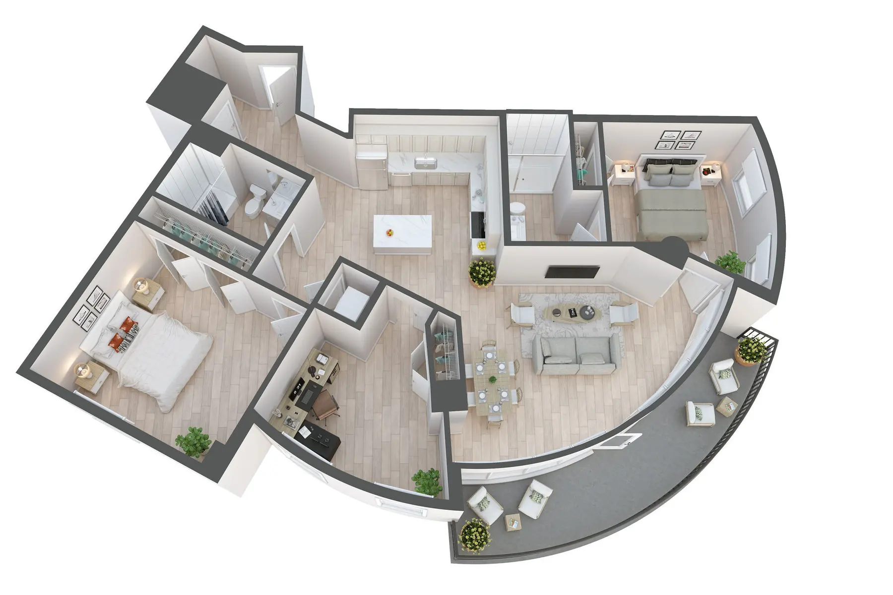 Modern Apartment Floor Plan A 3D floor plan of a modern apartment layout featuring a living room, kitchen, two bedrooms, and a bathroom, with contemporary furnishings and decorative elements.