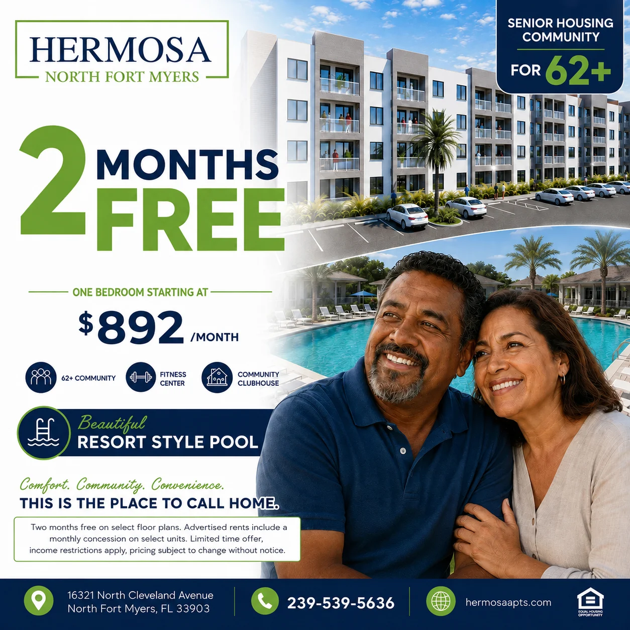 Promotional flyer for Hermosa North Fort Myers featuring a senior housing community offer with two months free rent, details about apartments, and amenities like a fitness center and pool.