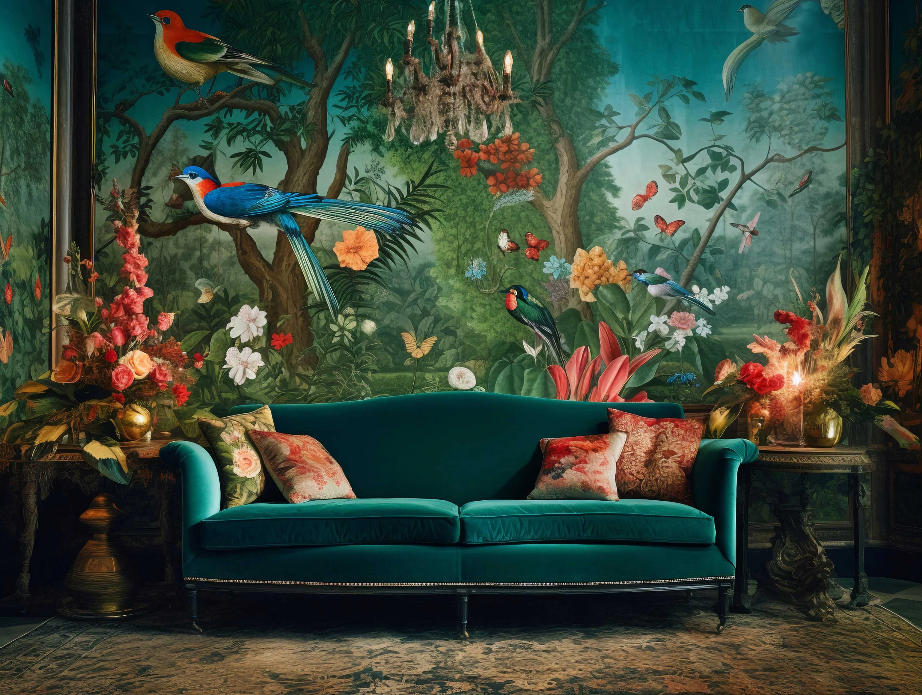 A luxurious teal sofa with decorative pillows is set against an elaborate wall mural depicting tropical birds and vibrant flowers. The scene is embellished with a chandelier and lush floral arrangements, creating an opulent atmosphere.
