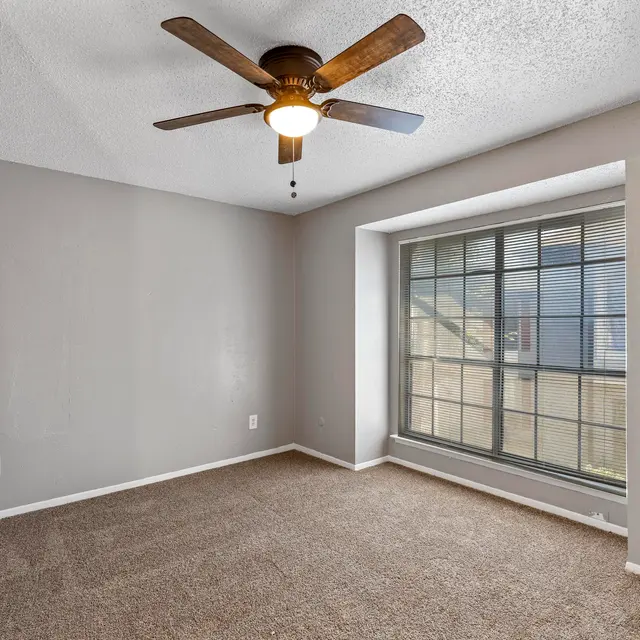 Interior view of a bedroom featuring a ceiling fan, carpeted flooring, and a large window allowing natural light.