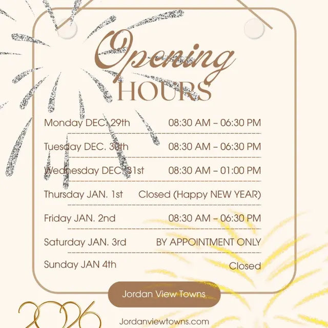 A decorative sign displaying the opening hours for Jordan View Towns during the New Year holiday period, featuring fireworks graphics.