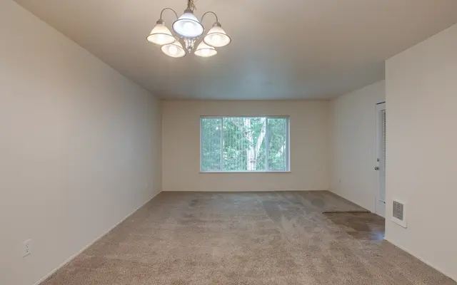 A spacious empty living room with freshly carpeted floor and a chandelier on the ceiling. There is a large window on one wall allowing natural light, with a view of greenery outside. A door on the far side likely leads to another room or exit.