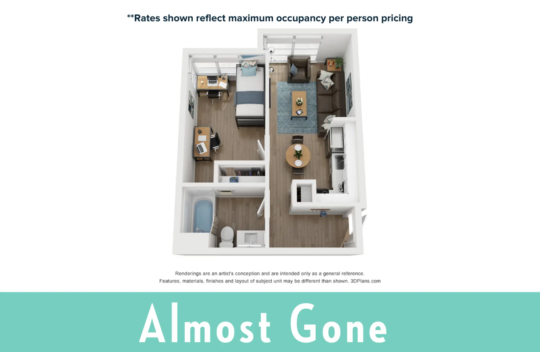 An artist's rendering of a floor plan showcasing a small apartment layout, with labeled areas including a bedroom, living space, kitchen, and bathroom.