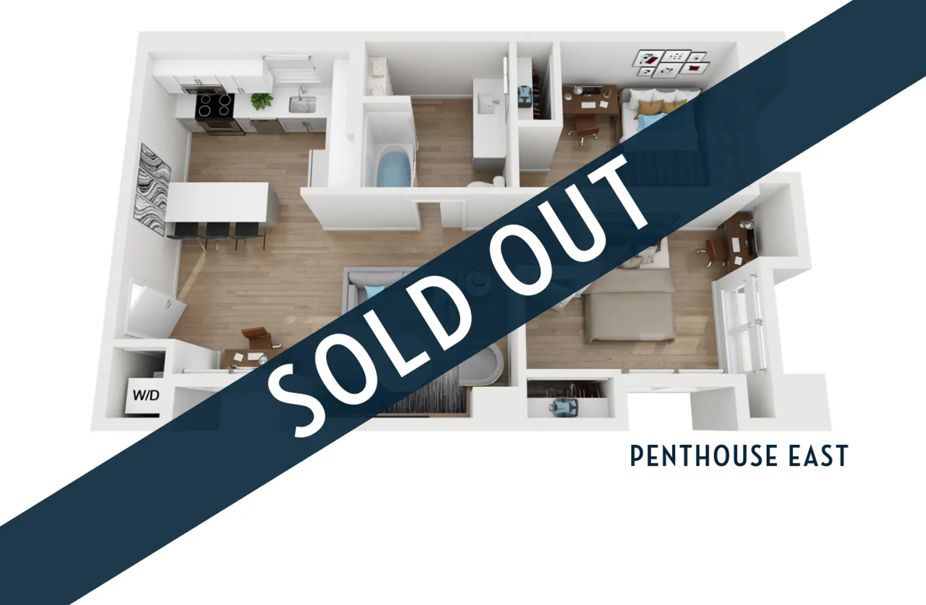 Floor plan of a penthouse labeled 'Sold Out' featuring living room, kitchen, and bathroom areas.