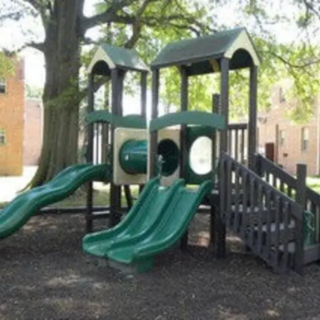 A playground structure with green slides, climbing features, and a tube slide surrounded by grassy areas and a tree.