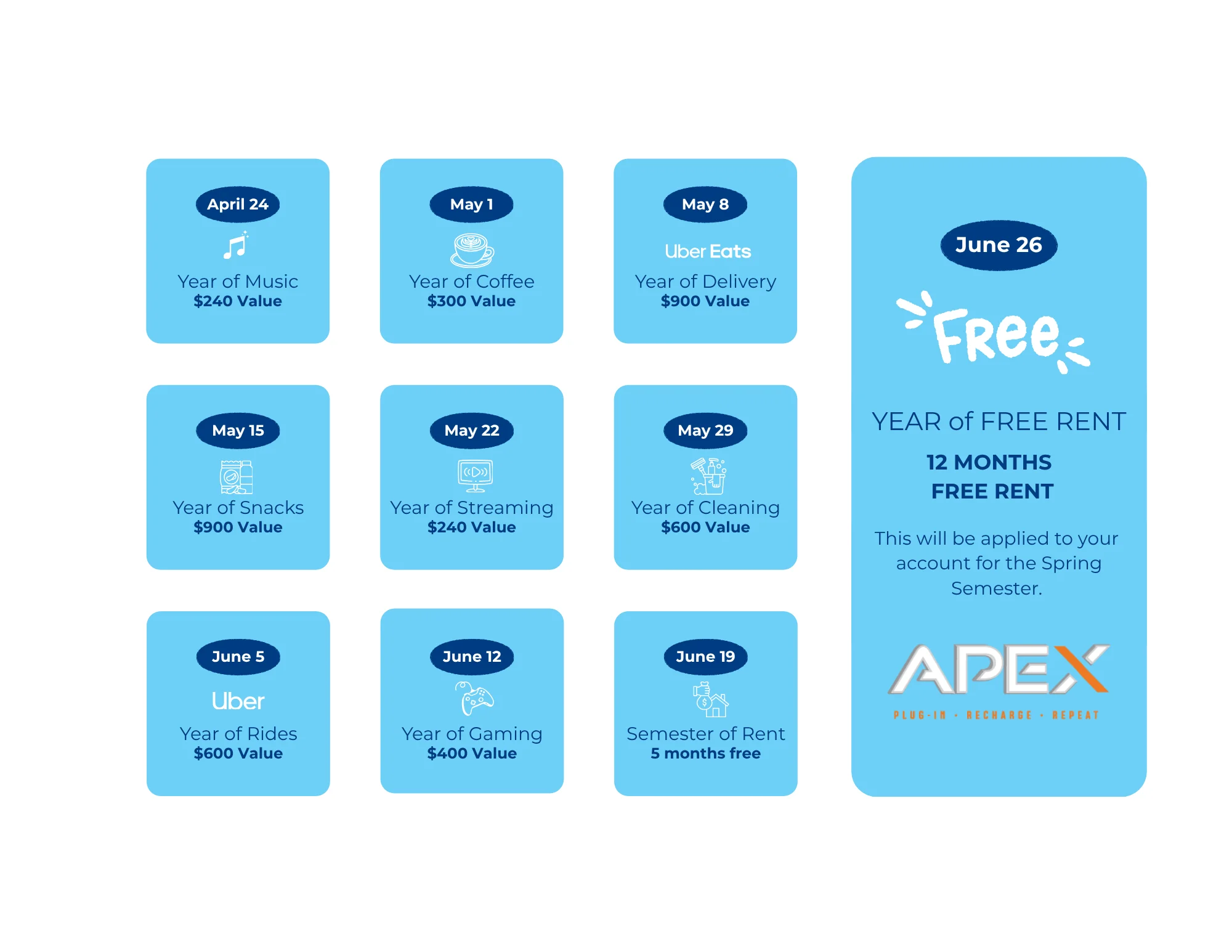 Promotional flyer listing upcoming events for APEX with dates and values for various perks.