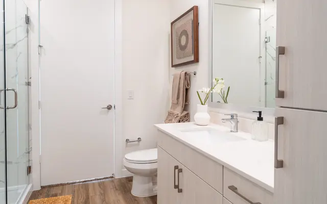 Modern Bathroom Design A modern bathroom featuring a glass shower, white cabinetry, and wooden flooring.