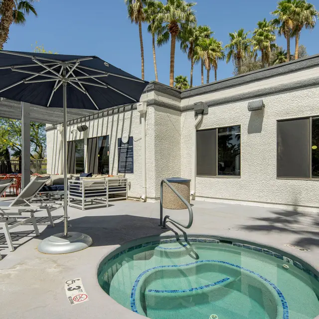 A poolside area with a spa, lounge chairs, and an umbrella, surrounded by palm trees and a modern building.