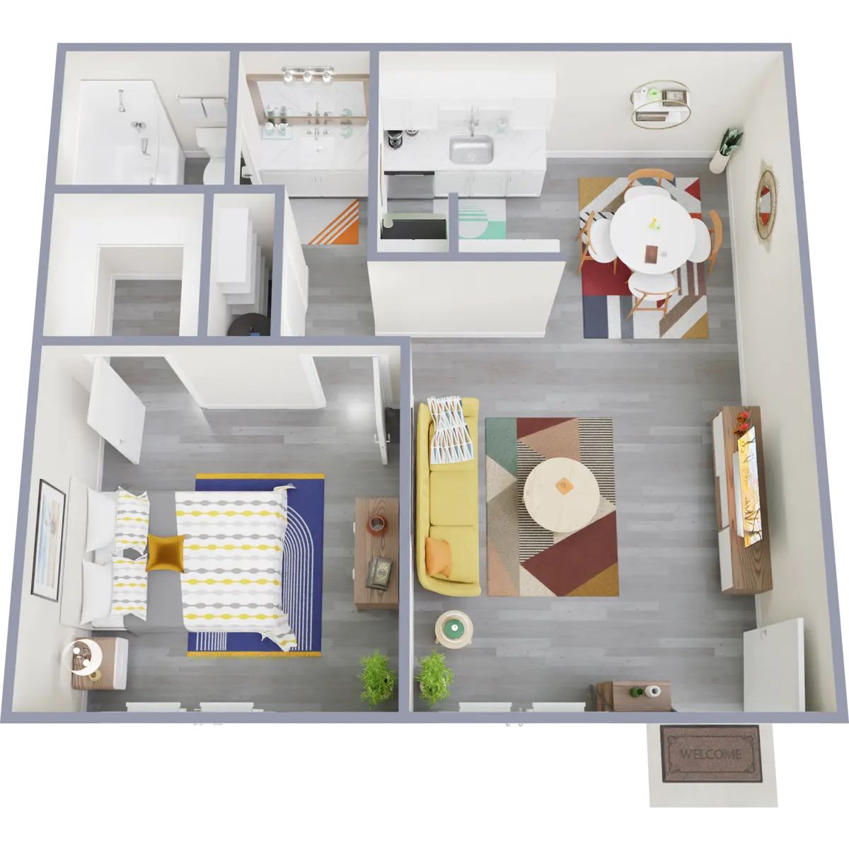 Modern Apartment Floor Plan A top-down view of a modern apartment layout featuring a living room, dining area, kitchen, bedroom, and bathroom. The living room is adorned with a colorful rug and a television. The dining area includes a round table and chairs. The bedroom has a bed with a striped blanket.