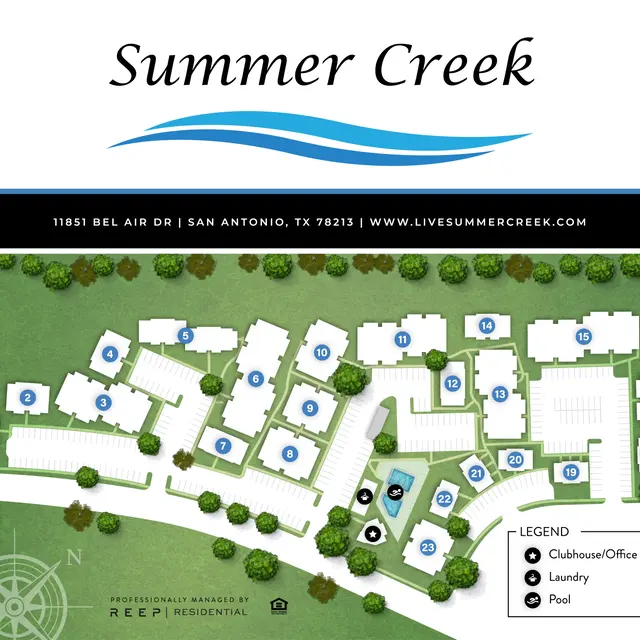 A site map of Summer Creek apartments, featuring buildings, a pool, laundry facilities, and a clubhouse.