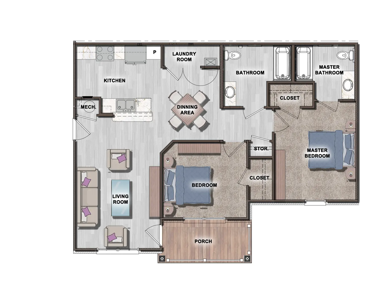 A detailed floor plan of a house, featuring a kitchen, dining area, living room, laundry room, multiple bedrooms, bathrooms, and a porch.