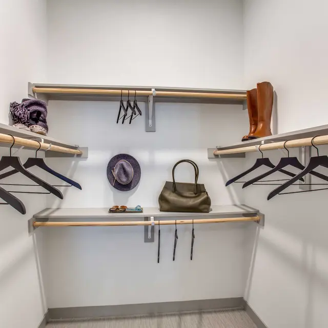 Interior view of a minimal closet with shelves and hooks