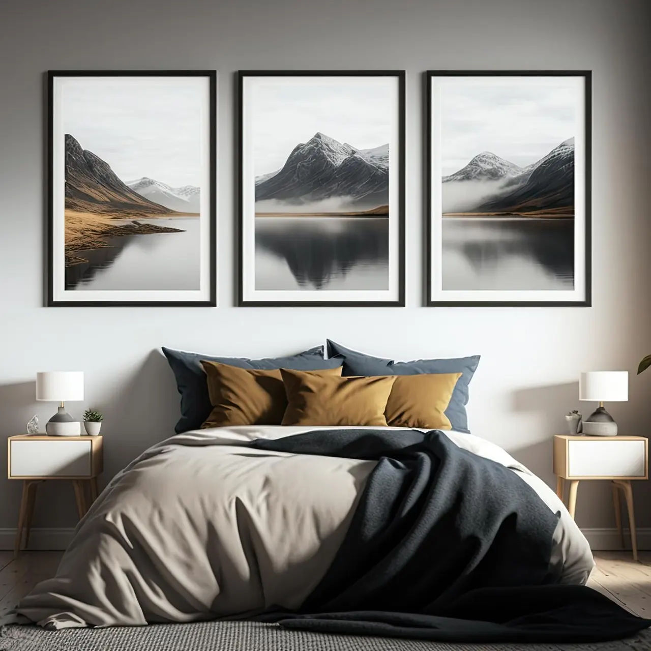A cozy bedroom with a bed, pillows, and three mountain landscape prints on the wall. Twin lamps and a plant decorate the room.