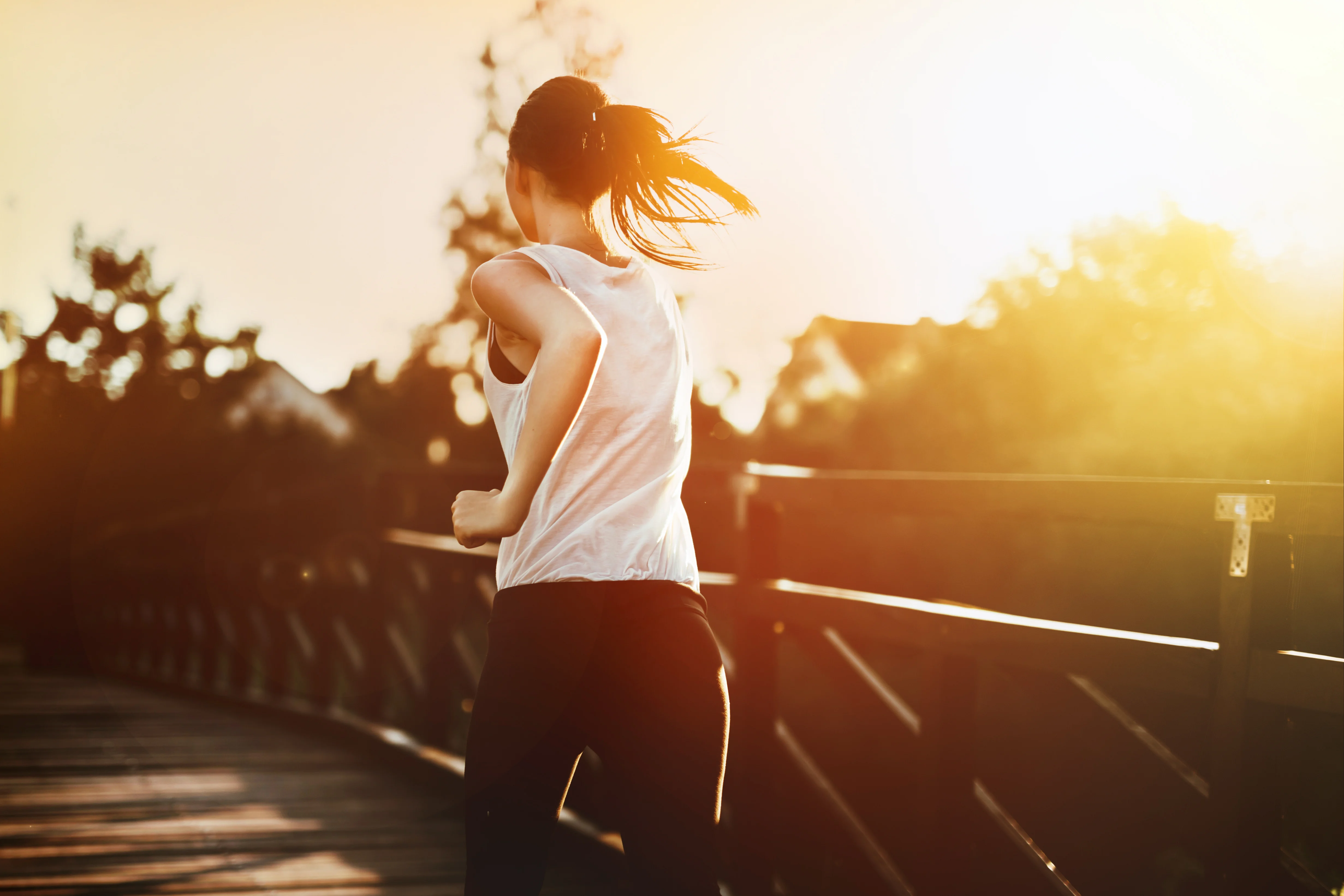 Evening Run on the Bridge A woman jogging on a wooden bridge during sunset, with sunlight illuminating the scene.