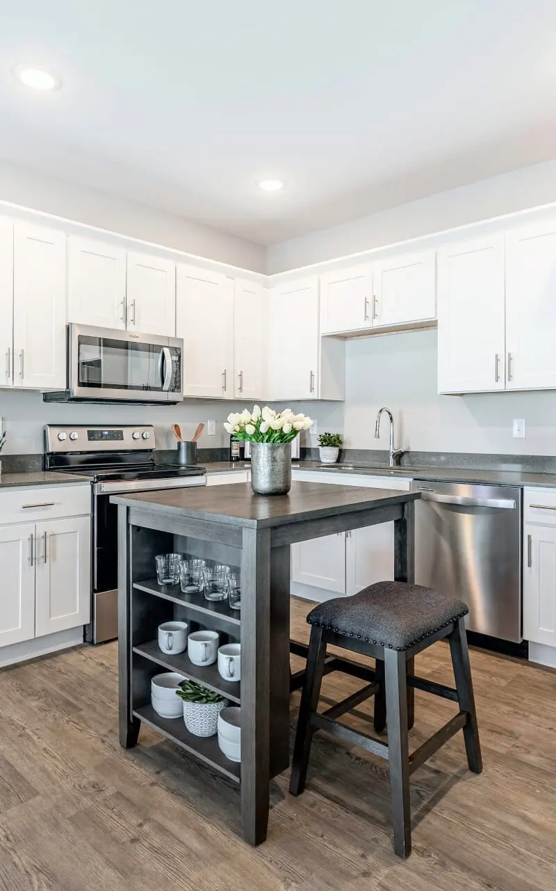 Modern kitchen in an apartment with stainless steel appliances and stylish finishes
