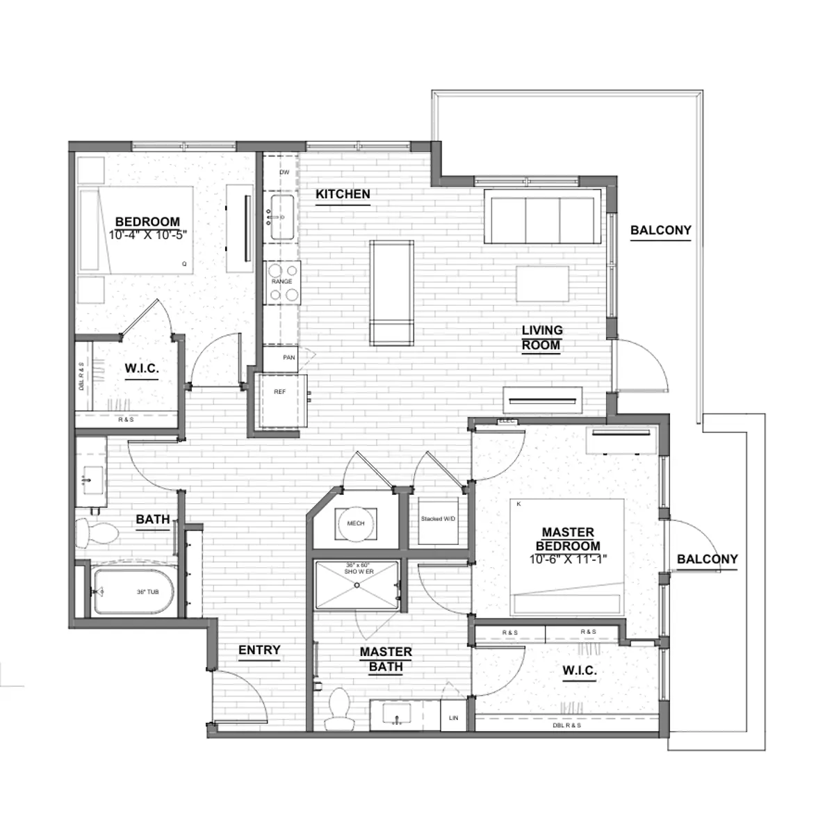 Modern Apartment Floor Plan A detailed floor plan of a modern apartment featuring two bedrooms, a master bedroom with an en-suite bath, a kitchen, a living room, and two balconies.