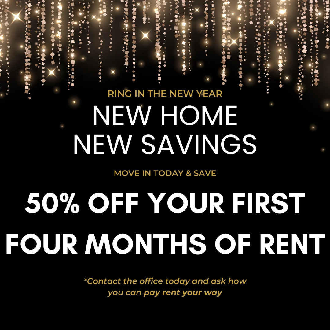 Promotional advertisement for new home rental savings with festive design and discount offer.