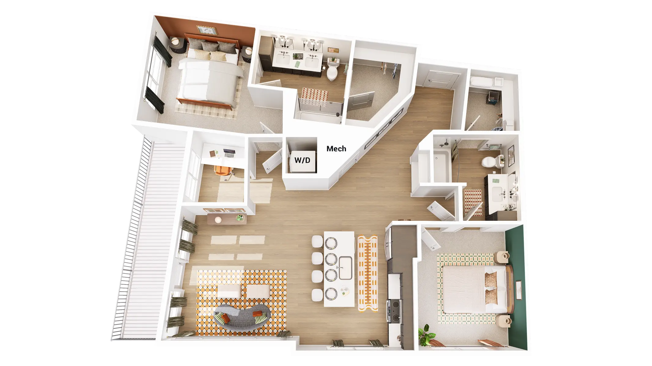 Modern Floor Plan Layout A top-down view of a modern floor plan featuring various rooms including a living room, dining area, kitchen, bedrooms, and bathrooms, with labeled areas for washing/drying and mechanical.
