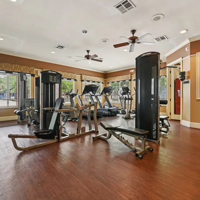 Interior of a fitness center with various exercise machines and a bright, spacious atmosphere.