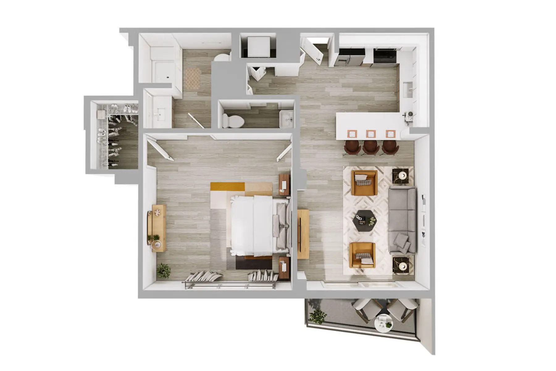 A top-down view of a modern apartment floor plan showing a living area, kitchen, and bedroom layout.