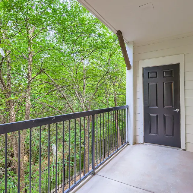 Balcony with Lush Greenery A balcony view showcasing a black door and lush green trees in the background.