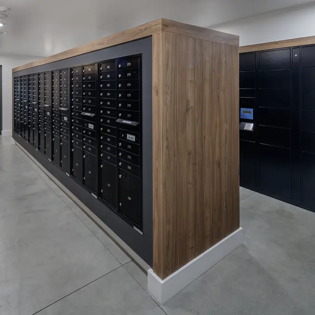 A modern mailroom featuring a row of black mailboxes lined with wood accents, concrete flooring, and bright overhead lights.