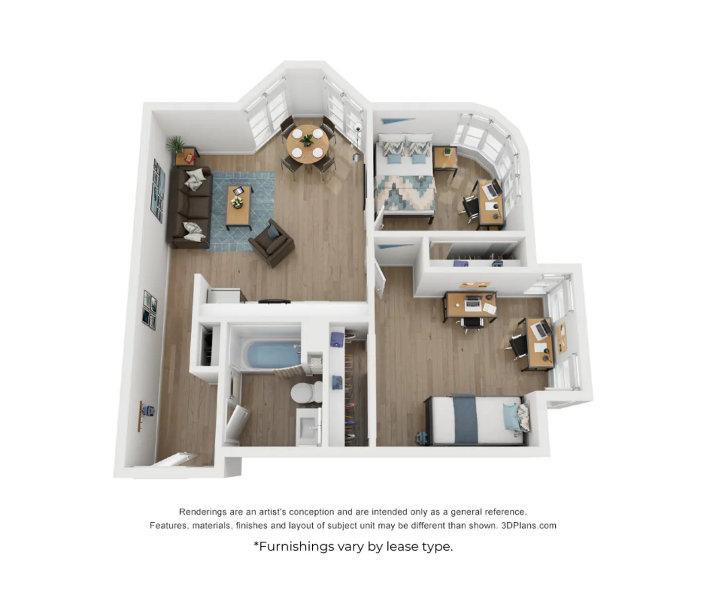 A 3D rendering of a residential apartment layout showing a living area, kitchen, and two bedrooms, each with individual workspace.