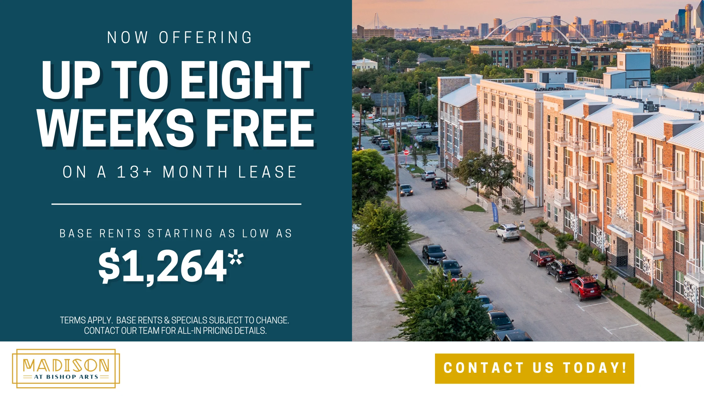 Promotional banner for an apartment complex offering rental incentives.