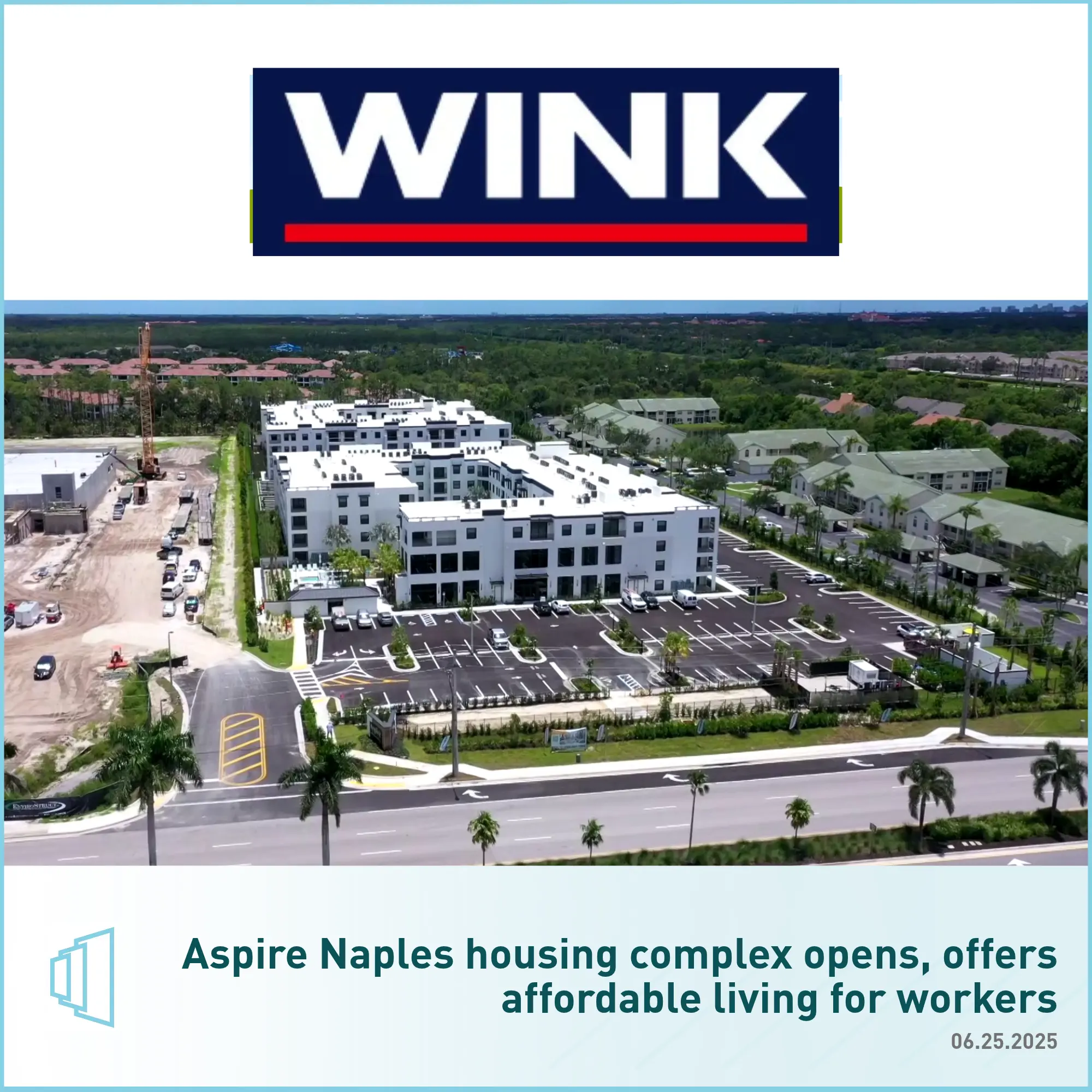 Aspire Naples Housing Complex Opening Aerial view of the Aspire Naples housing complex featuring multiple buildings, a spacious parking lot, and landscaping.