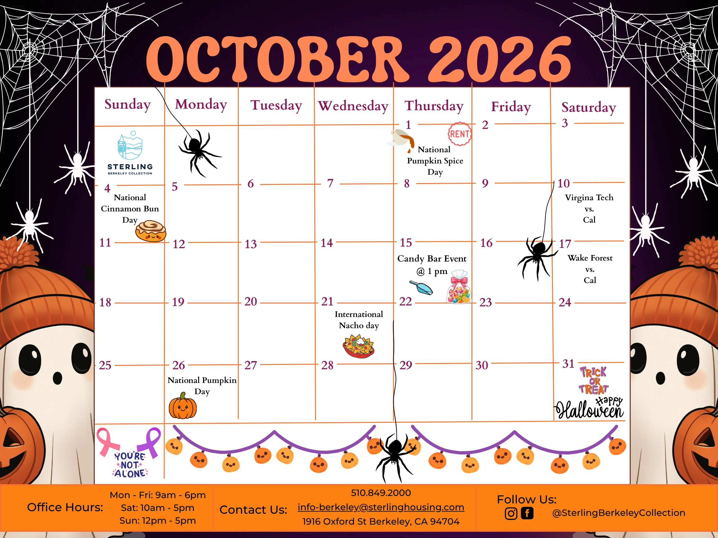 A colorful October 2026 calendar featuring Halloween themes, with various events and holidays marked.