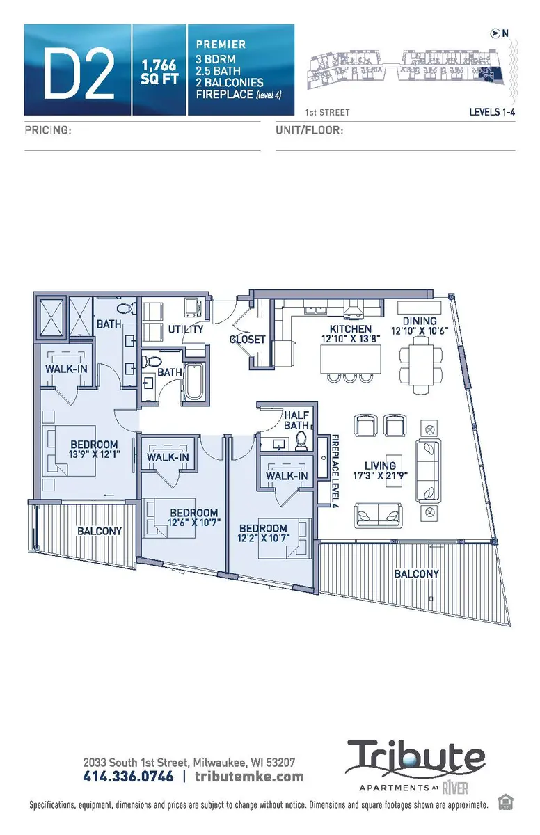 Detailed floor plan of a 2-bedroom apartment labeled D2 with 1,766 sq ft, featuring rooms like the living room, kitchen, bedrooms, bathrooms, and balconies.