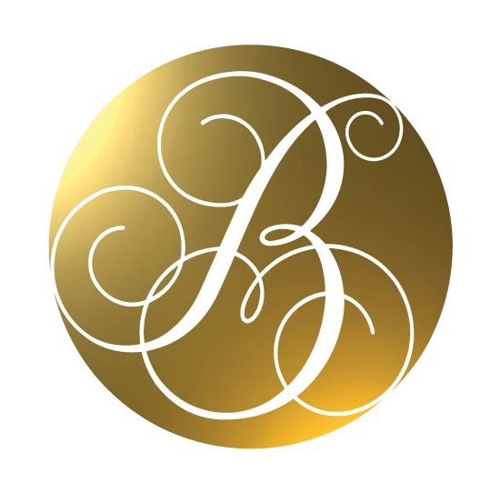 A stylized monogram 'B' in white with decorative swirls on a gold circular background.
