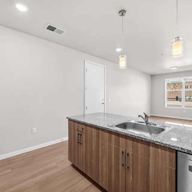 Spacious modern kitchen with wood cabinetry, granite countertops, and stainless steel appliances in an apartment