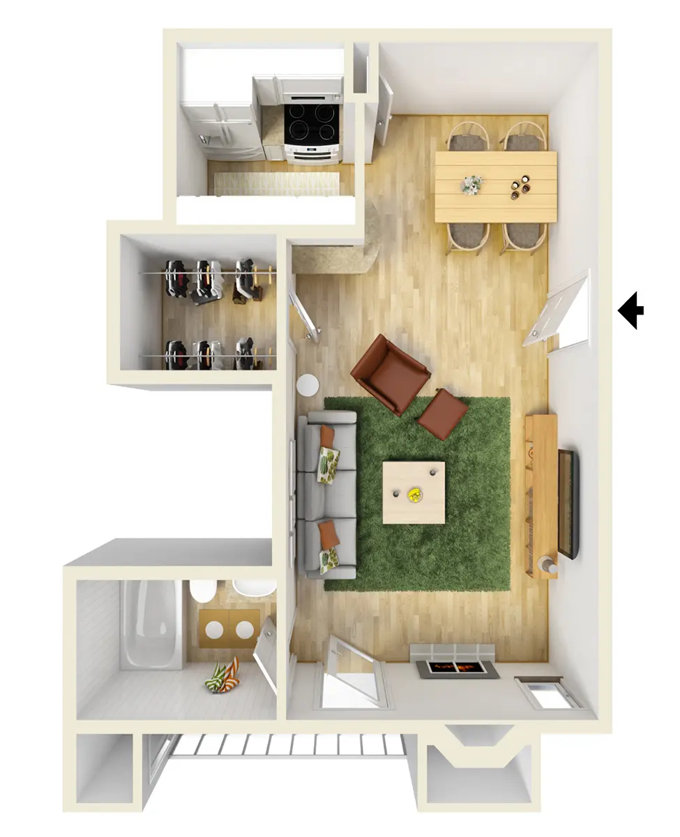Compact Apartment Floor Plan A top-down view of a compact apartment layout featuring a kitchen, dining area, living room, and bathroom.