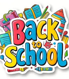 Colorful graphic with the text 'Back to School' surrounded by school supplies illustrations like books, crayons, and a backpack.