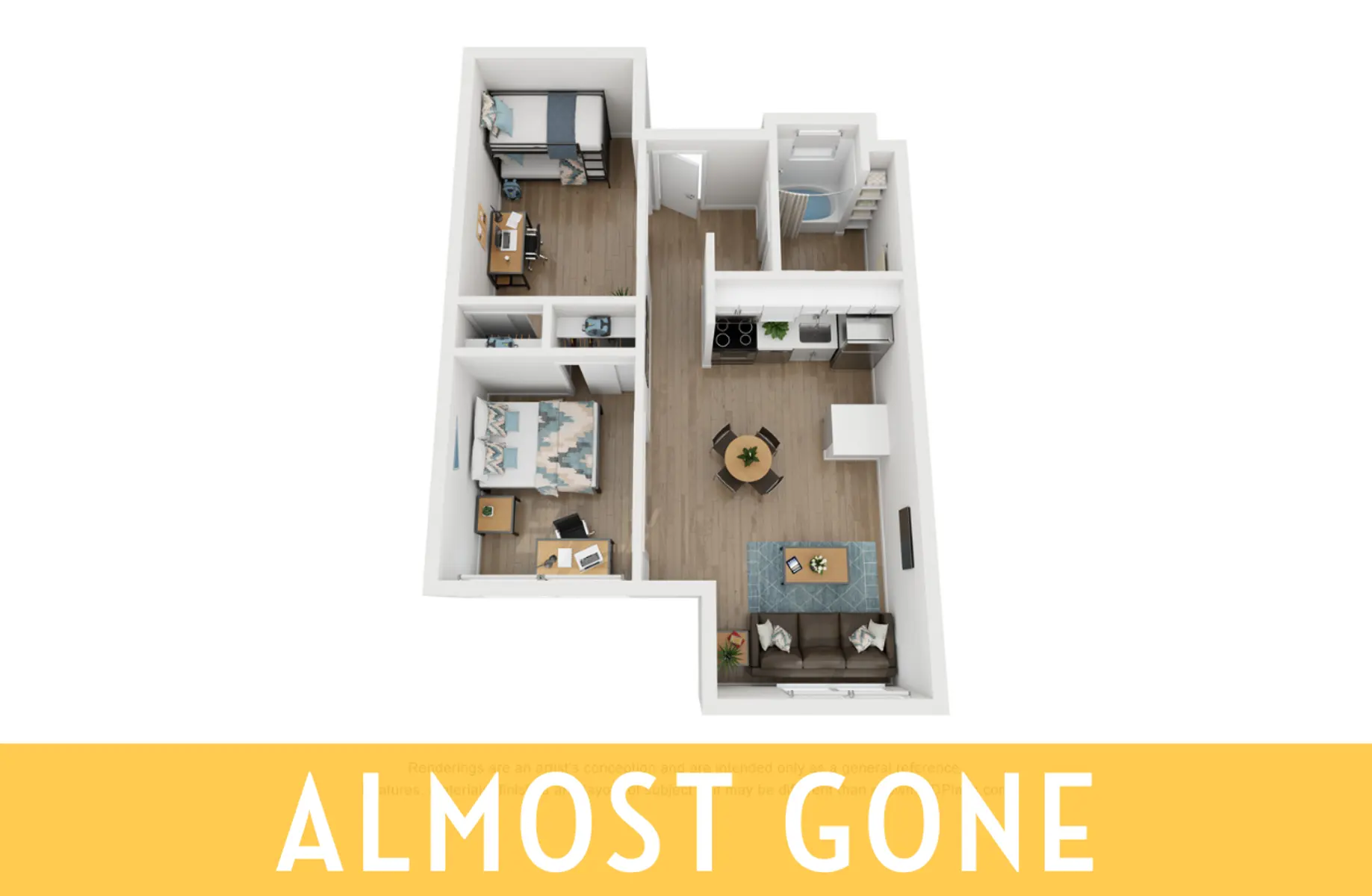 A floor plan of a small apartment layout featuring a living area, two bedrooms, a kitchen, and a bathroom, with a prominent text overlay that says 'Almost Gone.'